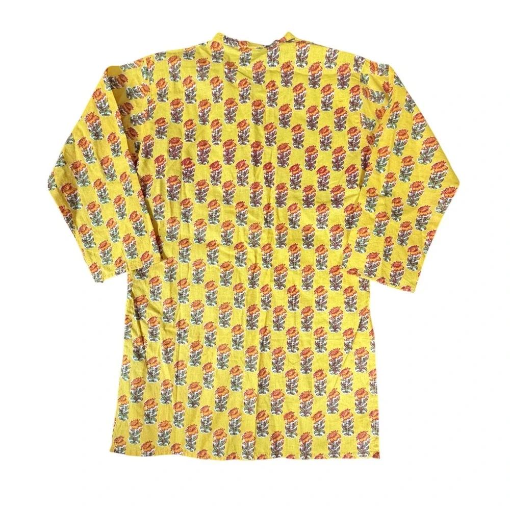 Yellow Floral Block Print Kurta Tunic Long Sleeve Cotton Band Collar Top Size 24